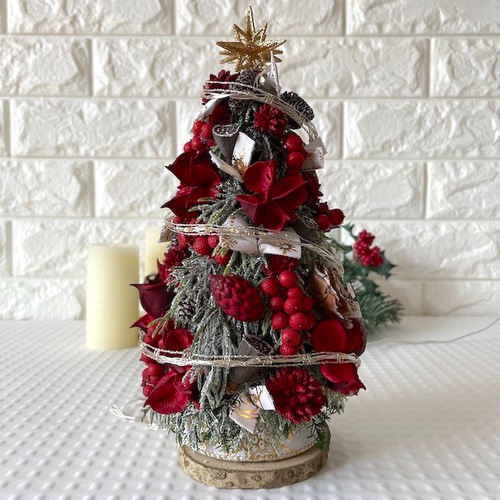 クリスマス〜LEDライト付き木の実が詰まったクリスマスツリー レッド