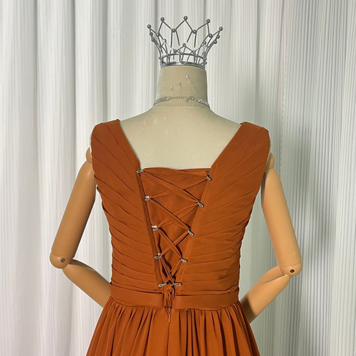 送料無料！Vネック パーティードレス 編み上げ 花嫁 テラコッタ  