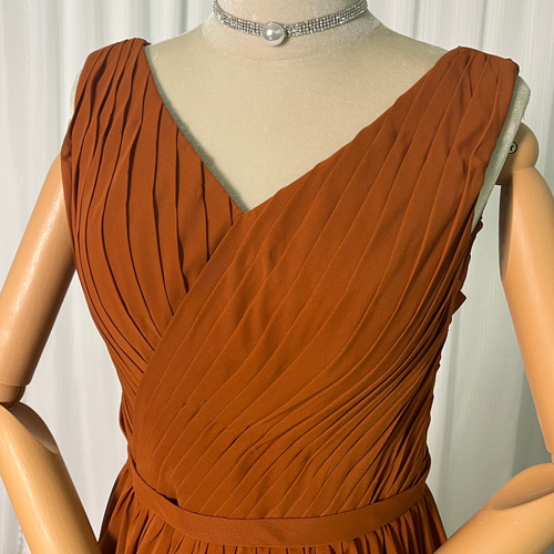 送料無料！Vネック パーティードレス 編み上げ 花嫁 テラコッタ  