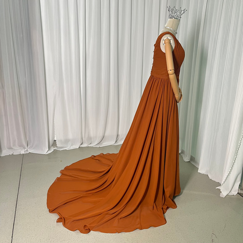 送料無料！Vネック パーティードレス 編み上げ 花嫁 テラコッタ  