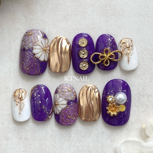 紫和柄ネイル/成人式ネイル/ミラーネイル/着物/和風/振袖/ブライダル