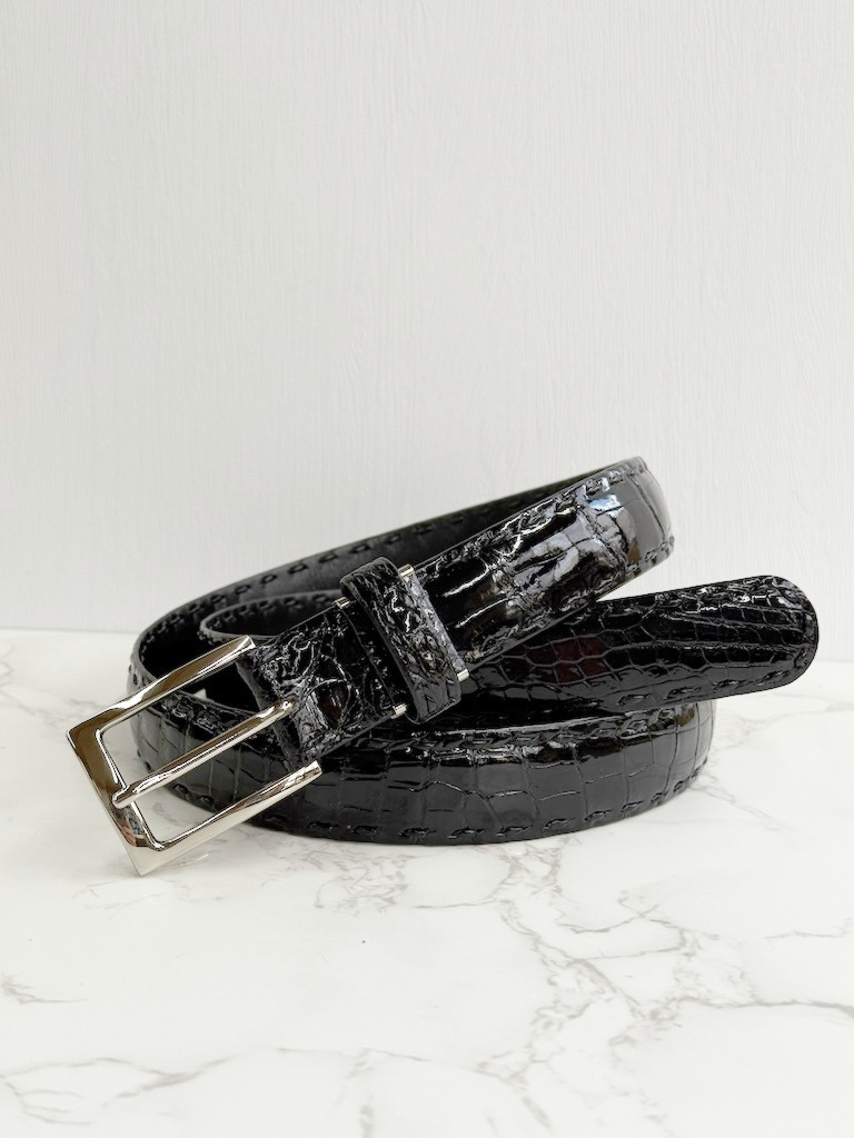 日本製　クロコダイル　30㎜巾　手縫い　ボンベ加工　Lサイズ　上質　ベルト　　ハンドステッチ　エキゾチックレザー