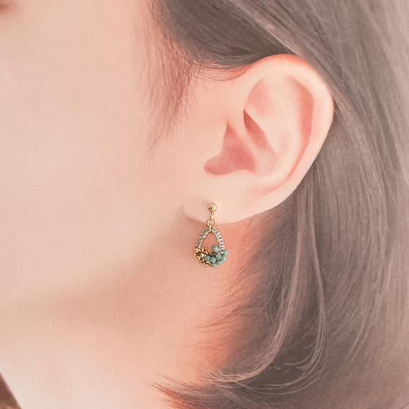 【ラメ糸の粒々シャイニーリトルティアピアスorイヤリング＊グリーン】サージカルステンレスピアス/ガラスビーズ 7枚目の画像