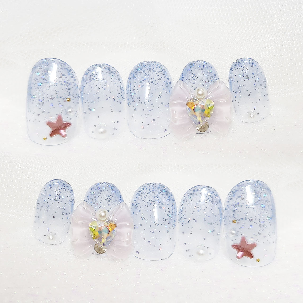 キラキラリボンギャラクシーネイル/キラキラブルー/星/スター/リボン/ネイルチップ