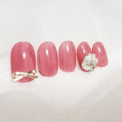 大人っぽシンプルだけど大き目ビジューネイル/レッド/ビジュー/リボン/ネイルチップ 2枚目の画像