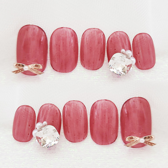 大人っぽシンプルだけど大き目ビジューネイル/レッド/ビジュー/リボン/ネイルチップ 1枚目の画像