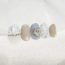 ツイードハートネイル/パステルブルー/ベージュ/チェーン/ハート/ネイルチップ 2枚目の画像