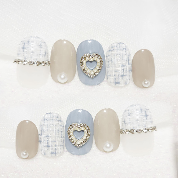 ツイードハートネイル/パステルブルー/ベージュ/チェーン/ハート/ネイルチップ 1枚目の画像