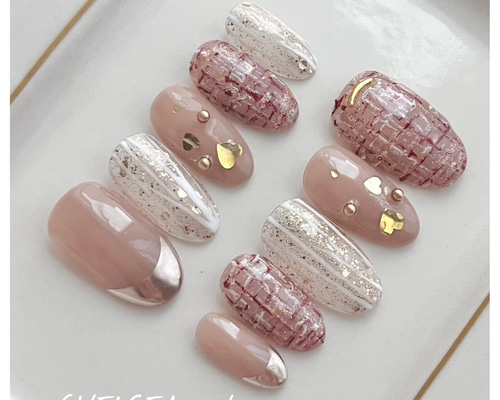 ツイード×ハートミラーネイル(ベージュ) ネイルチップ（つけ爪