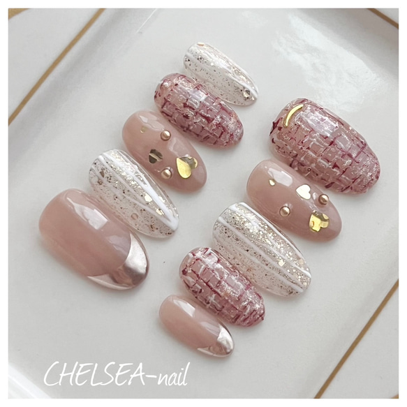 ツイード×ハートミラーネイル(ベージュ) ネイルチップ（つけ爪