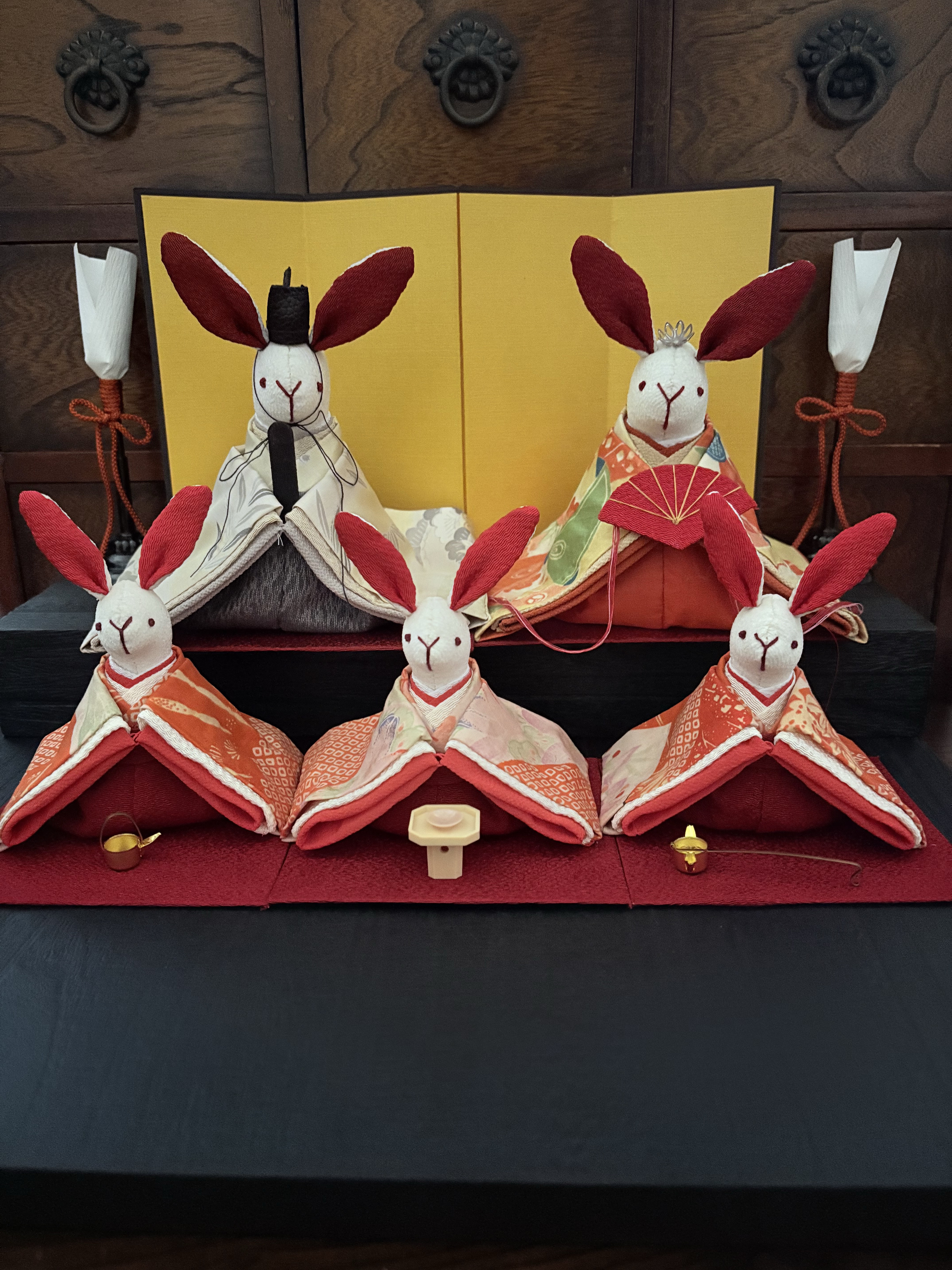 アンティークのお着物のうさぎ雛(L) 三人官女(M) SET