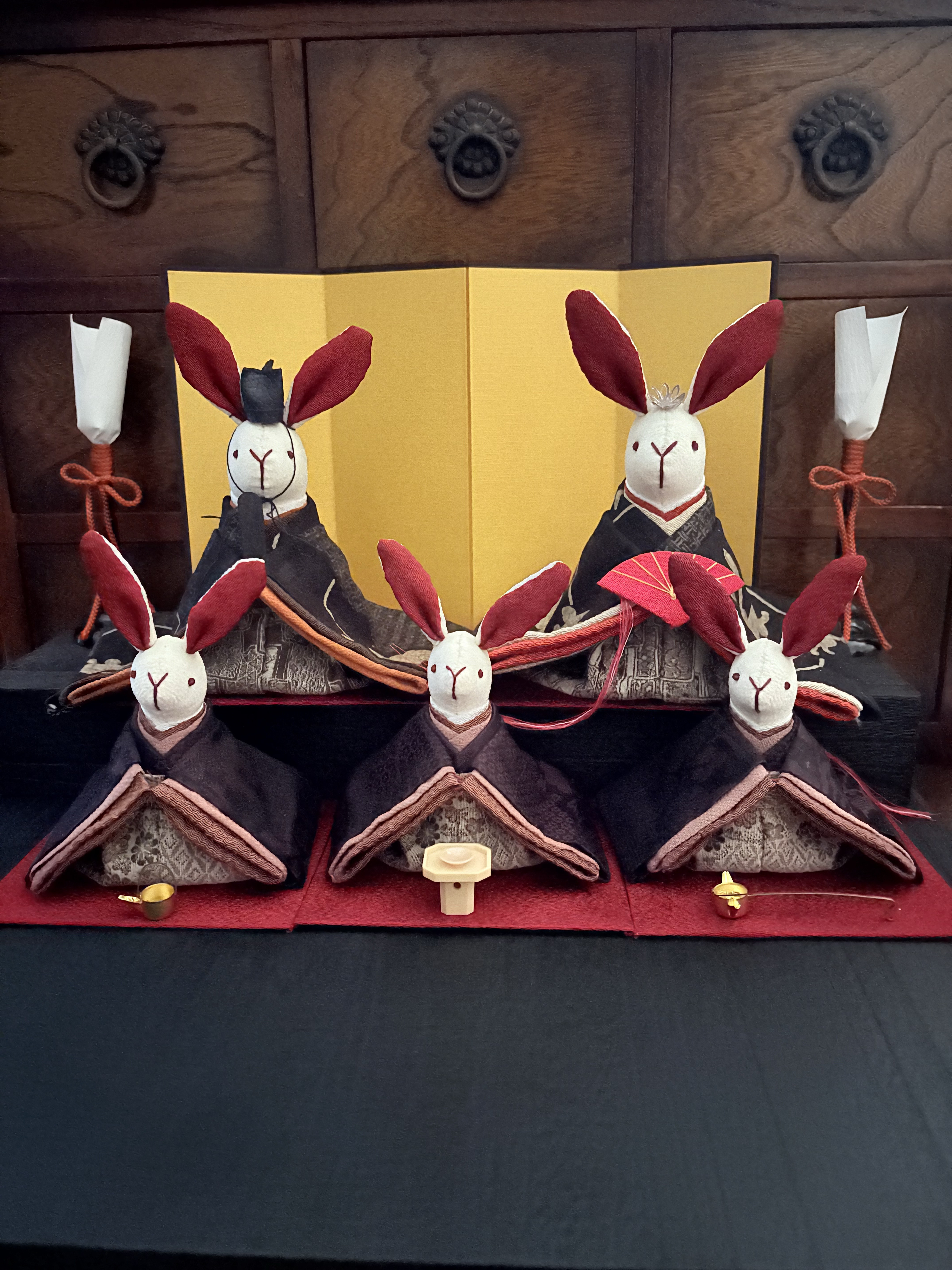 渋めのお着物が素敵なうさぎ雛(L) 三人官女(M) SET