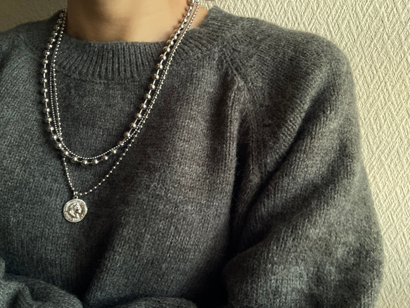 ー３連コインネックレスー　サージカルステンレス　ボールチェーン　ボールチェーンネックレス　チェーンネックレス 5枚目の画像