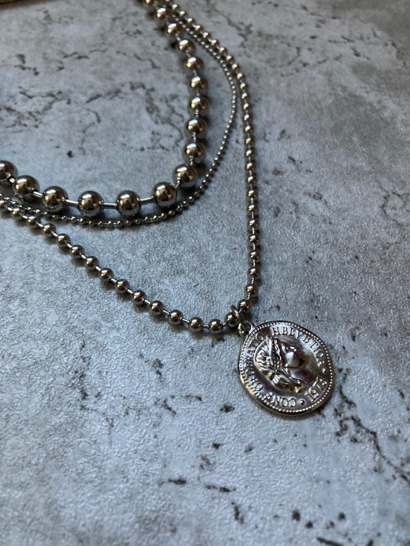 ー３連コインネックレスー　サージカルステンレス　ボールチェーン　ボールチェーンネックレス　チェーンネックレス 17枚目の画像