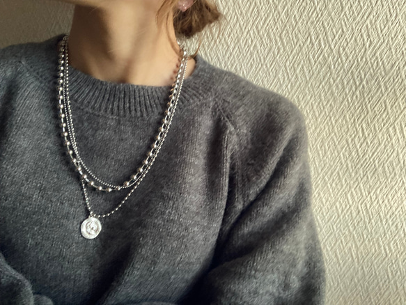 ー３連コインネックレスー　サージカルステンレス　ボールチェーン　ボールチェーンネックレス　チェーンネックレス 12枚目の画像