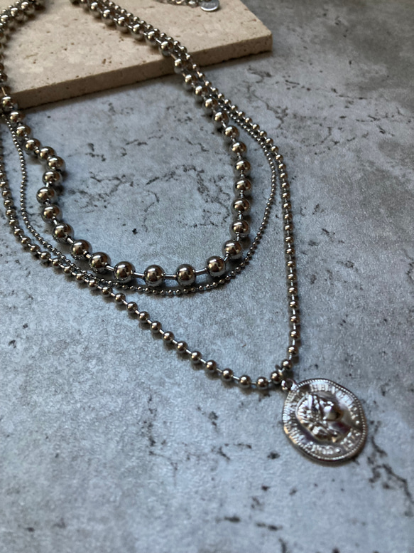 ー３連コインネックレスー　サージカルステンレス　ボールチェーン　ボールチェーンネックレス　チェーンネックレス 14枚目の画像