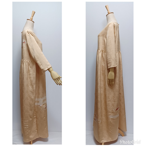 彩　着物リメイク♪ 袋帯と刺繍入り着物からロングワンピース❣️春らしいクリーム色 彩 着物リメイク♪ 袋帯と刺繍入り着物からロングワンピース❣️春