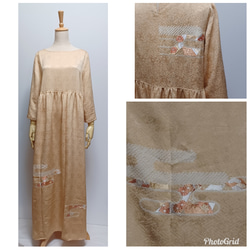 着物リメイク トキ色 松 花柄刺繍 ストールにもなるゆったり