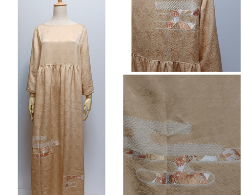 着物リメイク L バンブー色地 刺繍 絞り ウエスト切り替え・七分袖