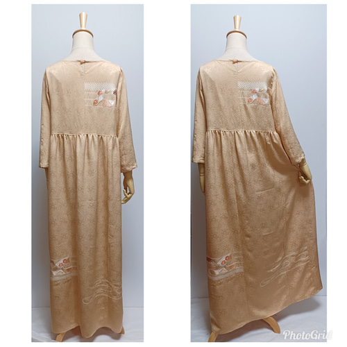 着物リメイク L バンブー色地 刺繍 絞り ウエスト切り替え・七分袖