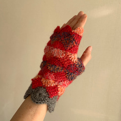 手編みニット手袋 指なし ハンドウォーマー アームウォーマー レッド