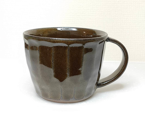 手作り陶器マグカップ ブラウン系 梶原慶治 マグカップ 鎬 ブラウン コーヒーカップ ティーカップ 陶芸