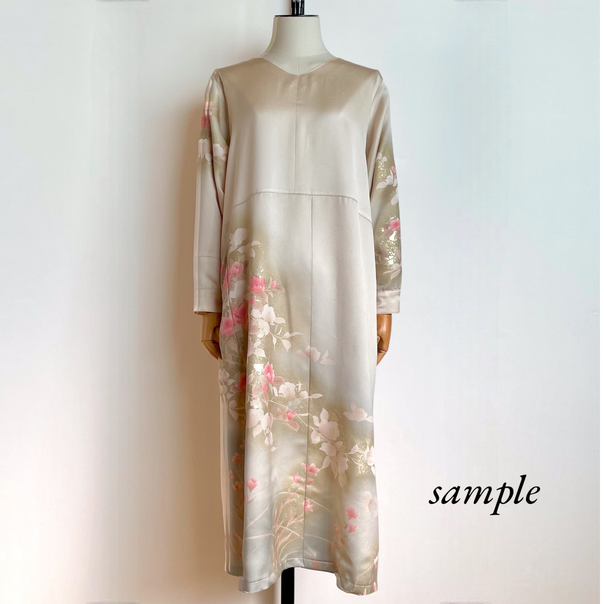 着物セミオーダー《受注製作》シンプル　ワンピース【送料込み】着物リメイク　Vネック