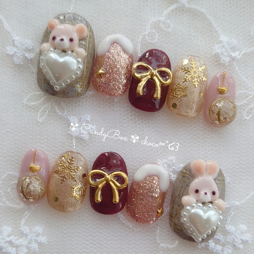 ゴールドラインチェック 暖色系 うさぎ くま 大人可愛いガーリー