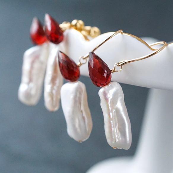 「灯火」キャンドル ピアス イヤリング ろうそく クリスマス ガーネット 淡水パール 天然石 1月誕生石 冬 プレゼント 6枚目の画像