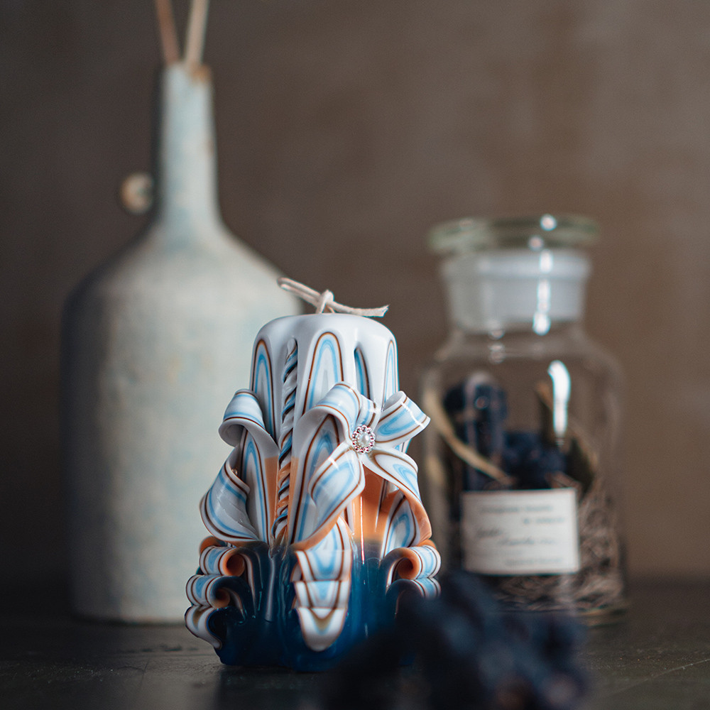 キャンドル ピラー 灯せるアート インテリア ギフト オレンジ×ブルー