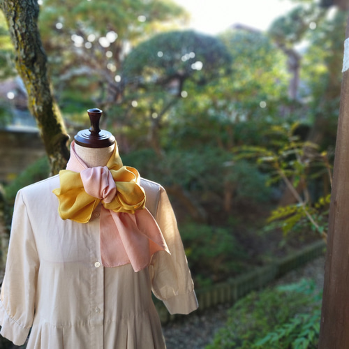 草木染め(茜＆刈安)シルクストール(長さ124cm・シルクスカーフ・茜染め
