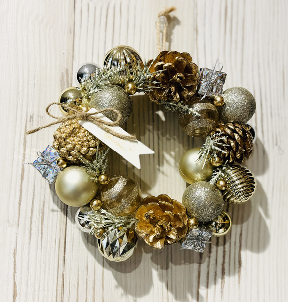 クリスマスリース ゴールドのキラキラリース2024 23cm リース green