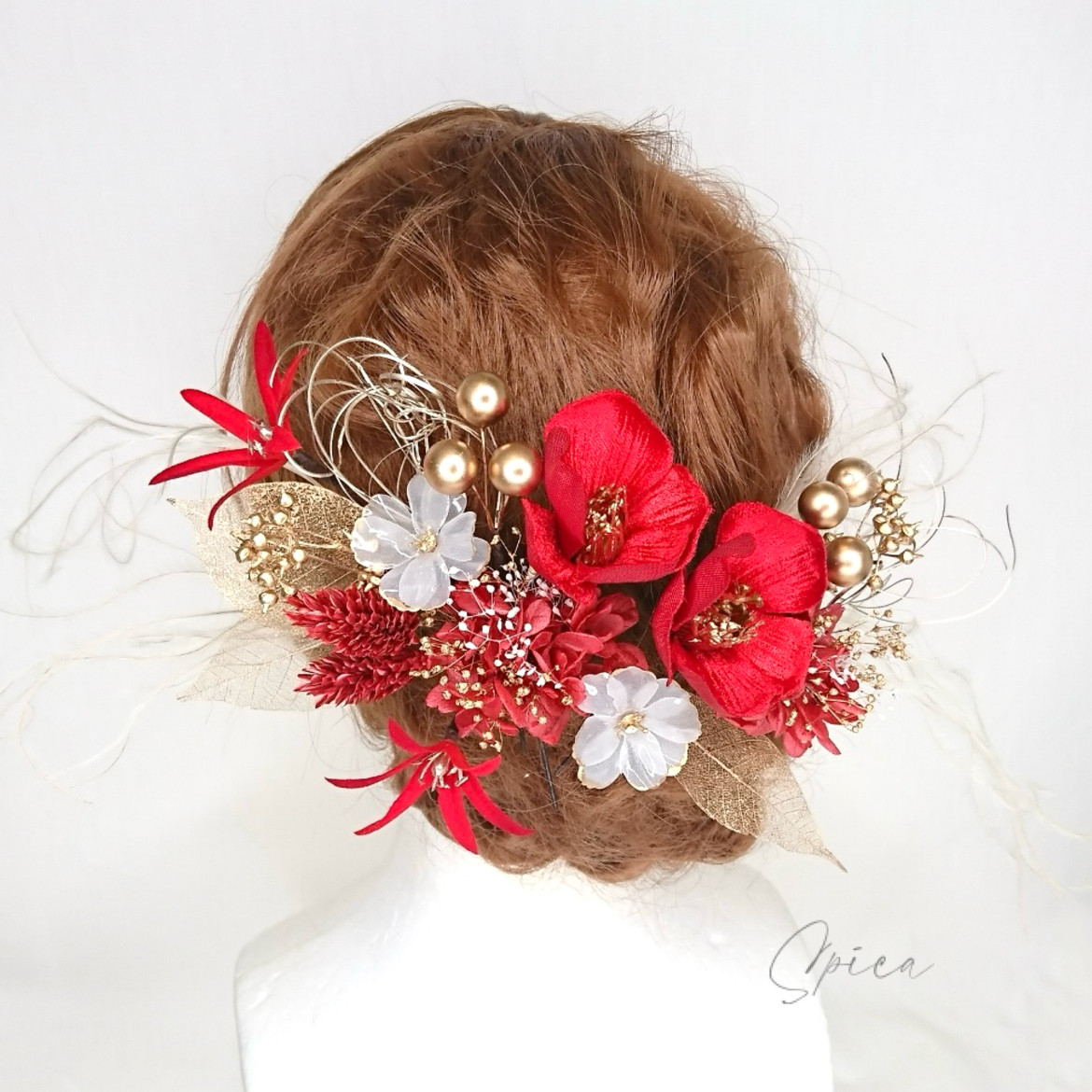 【一点限定】椿とプリザ紫陽花とクリア花のヘッドドレス 髪飾り 成人式 卒業式 和装 打掛 七五三 袴 赤 スティパ 金