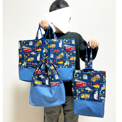 送料無料セット☆働く車柄♬ブルー⭐︎お手さげカバン、シューズ入れ