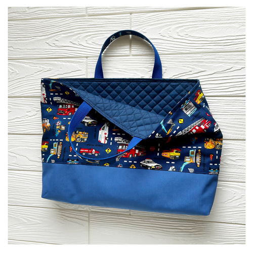 送料無料セット☆働く車柄♬ブルー⭐︎お手さげカバン、シューズ入れ