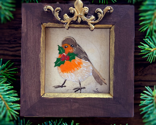 コマドリとヒイラギ」 オリジナルフレーム入り /原画 アンティーク