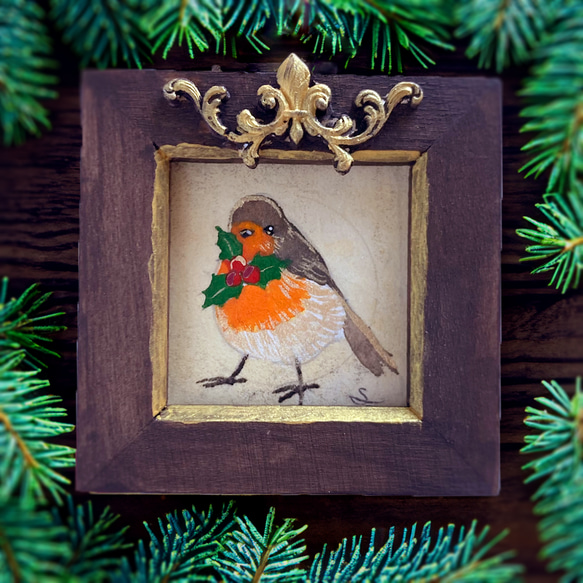 コマドリとヒイラギ」 オリジナルフレーム入り /原画 アンティーク