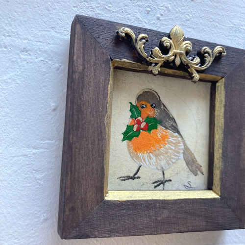 コマドリとヒイラギ」 オリジナルフレーム入り /原画 アンティーク