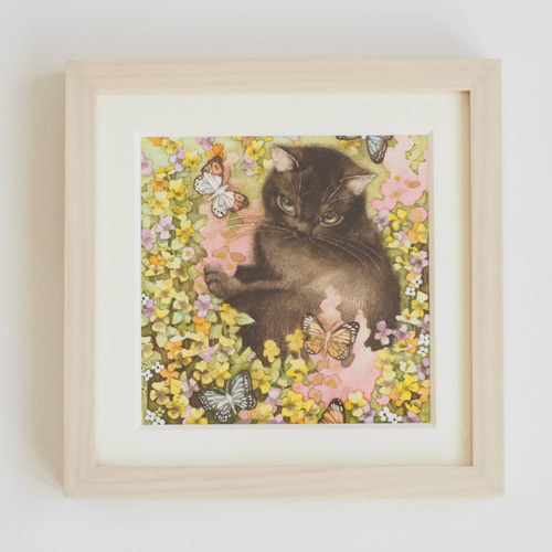 絵画。原画【3匹のかわいい猫が草の上で風船で楽しそうに遊んで