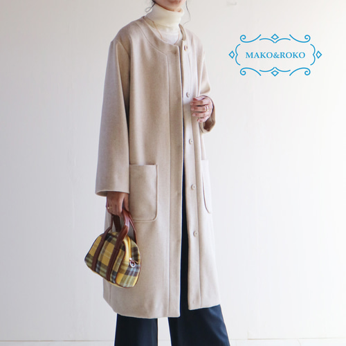 New冬【ホワイトベージュ】ウール素材上品ノーカラーコクーンコート
