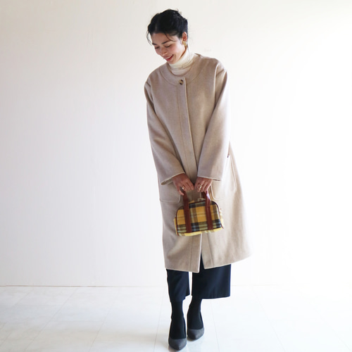 New冬【ホワイトベージュ】ウール素材上品ノーカラーコクーンコート