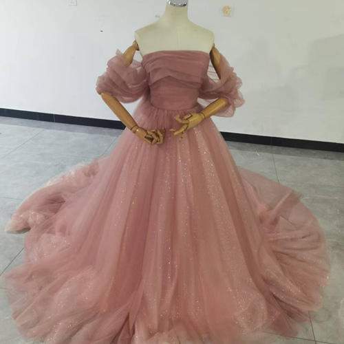 カラードレス ピンク ベアトップ ふっくら柔らかなバックリボン  