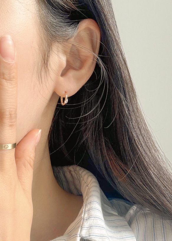 14K金 ゴールド 楕円形ストーンベゼル ヘリックス トラガス メンズ レディース フープ ピアス リング イヤリン 8枚目の画像