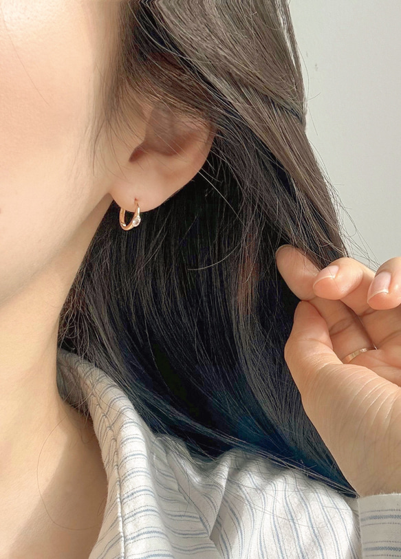 14K金 ゴールド 楕円形ストーンベゼル ヘリックス トラガス メンズ レディース フープ ピアス リング イヤリン 2枚目の画像