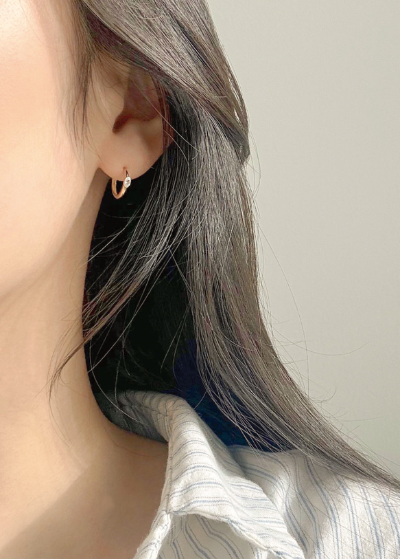 14K金 ゴールド 楕円形ストーンベゼル ヘリックス トラガス メンズ レディース フープ ピアス リング イヤリン 6枚目の画像