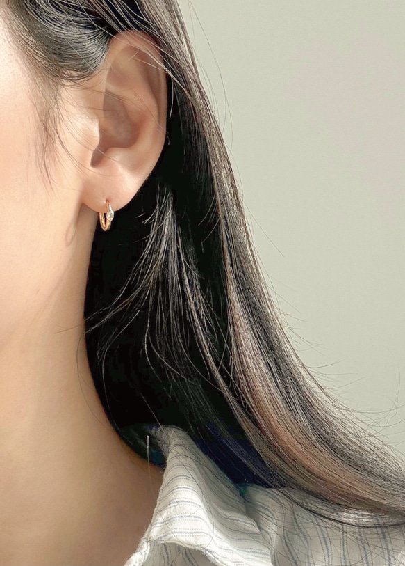 14K金 ゴールド 楕円形ストーンベゼル ヘリックス トラガス メンズ レディース フープ ピアス リング イヤリン 3枚目の画像