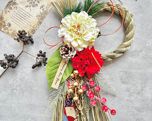 No.307 い草の紅白スワッグしめ縄リース2025 ハンドメイド お正月飾り