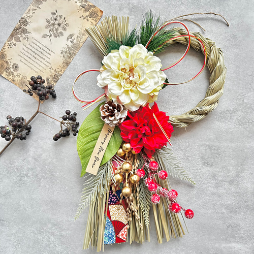 kezouji スワッグ リース しめ縄リース おまとめ3点 No.307 い草の紅白スワッグしめ縄リース2025 ハンドメイド お正月飾り