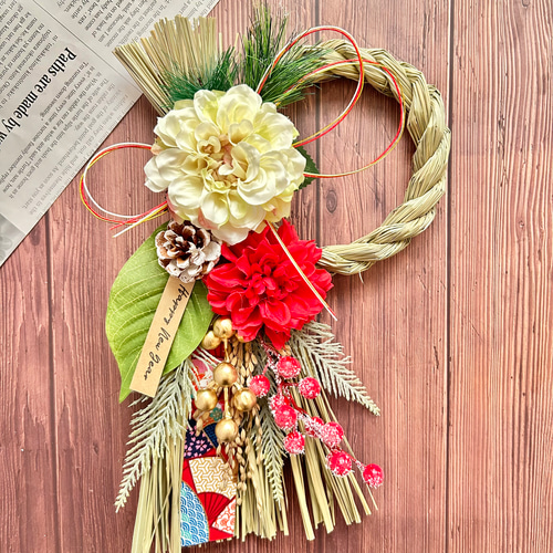 お正月飾り★しめ縄飾り★玄関飾り正月リース No.307 い草の紅白スワッグしめ縄リース2025 ハンドメイド お正月飾り