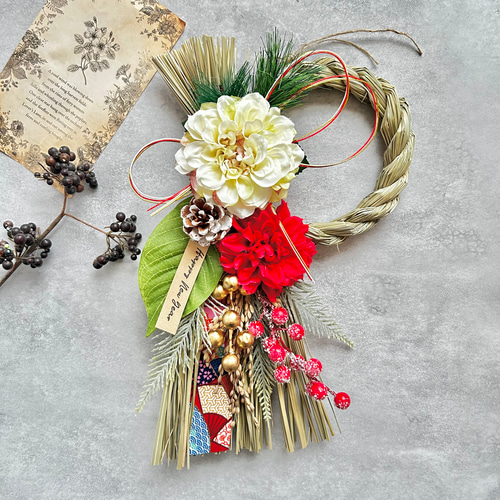 No.307 い草の紅白スワッグしめ縄リース2025 ハンドメイド お正月飾り